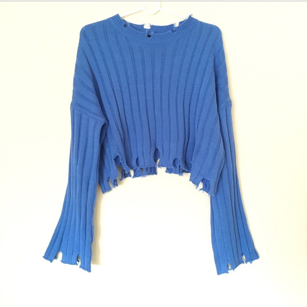 Blue Knit Shredded Grunge-Like Sweater - Picture 3 of 5